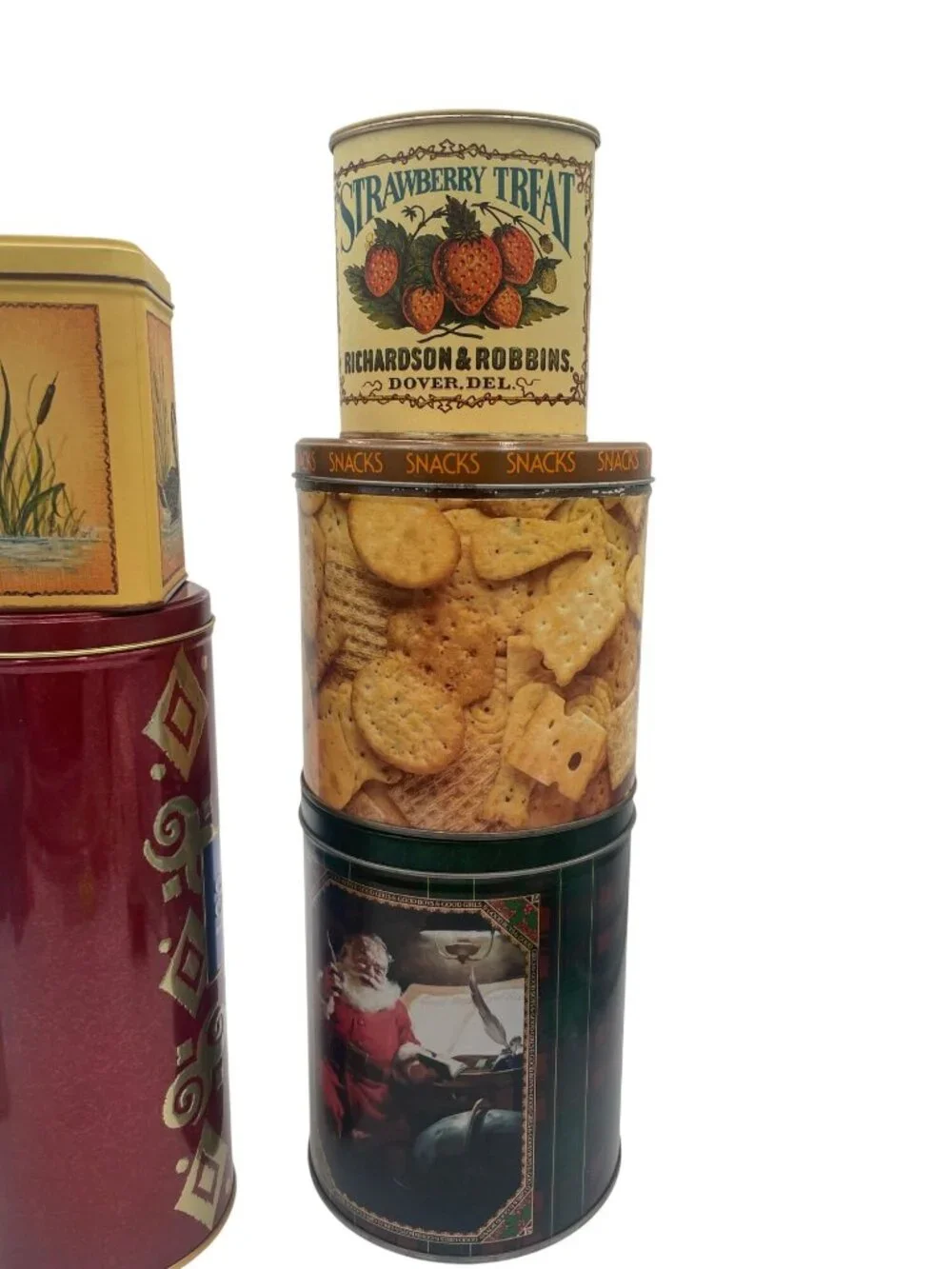 Lot of 7 Decorative Vintage Tin Containers Advertising Snack And Holiday Themes
